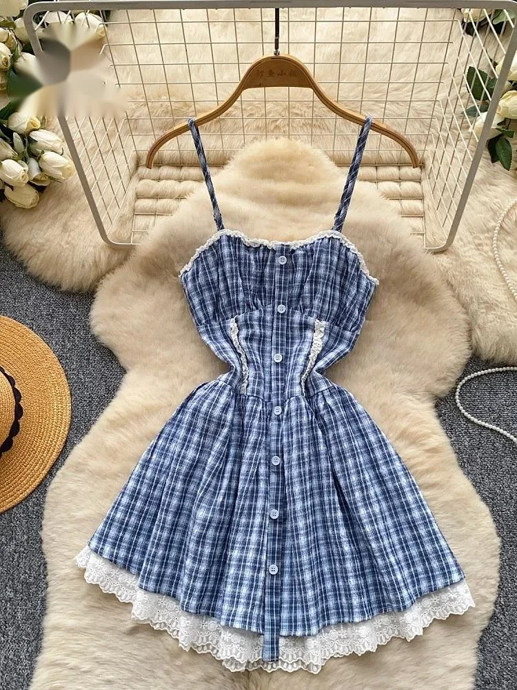 Summer Gingham Print Short Dress Women Strap High Quality A Line Plaid Sundress Hotsweet Lace Spliced Beach Dress
Summer Gingham Print Short Dress Women Strap High Quality A Line Plaid Sundress Hotsweet Lace Spliced Beach Dress