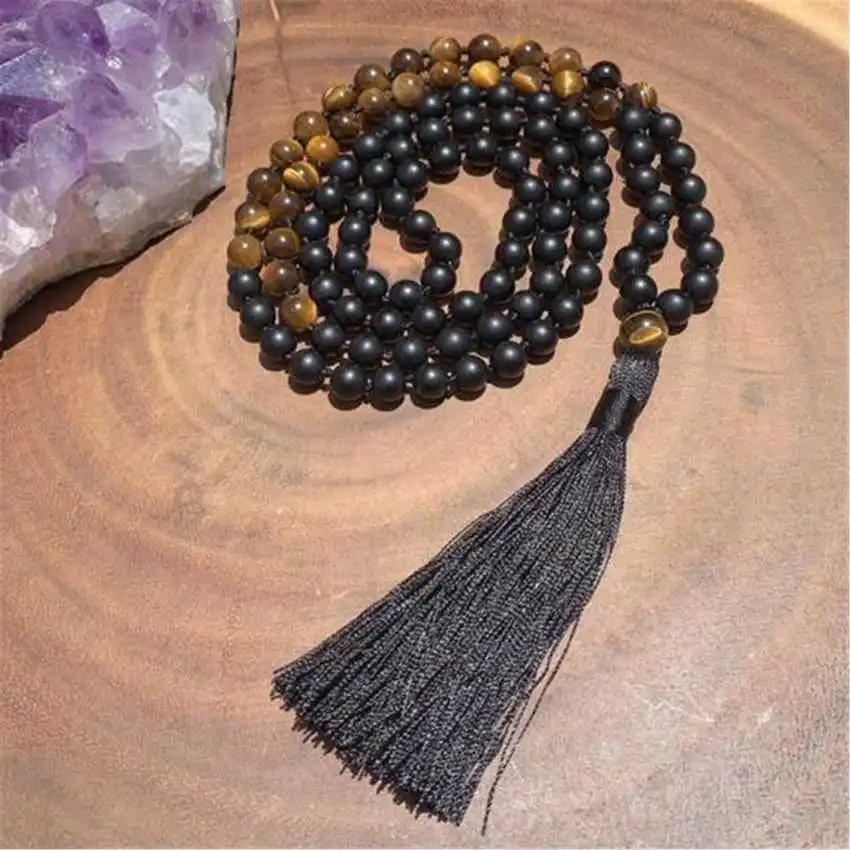 Natural Matte Black Onyx Mala Beads Necklace 108 Beads with Tiger's Eye Pendant & Black Tassel Healing Crystal Jewelry
Natural Matte Black Onyx Mala Beads Necklace 108 Beads with Tiger's Eye Pendant & Black Tassel Healing Crystal Jewelry