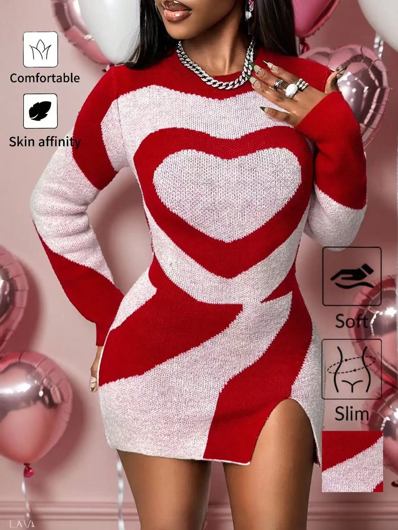 Красно-белое жаккардовое вязаное платье-свитер с сердечками, длинный рукав, приталенный крой, круглый вырез, боковой разрез
Красно-белое жаккардовое вязаное платье-свитер с сердечками, длинный рукав, приталенный крой, круглый вырез, боковой разрез