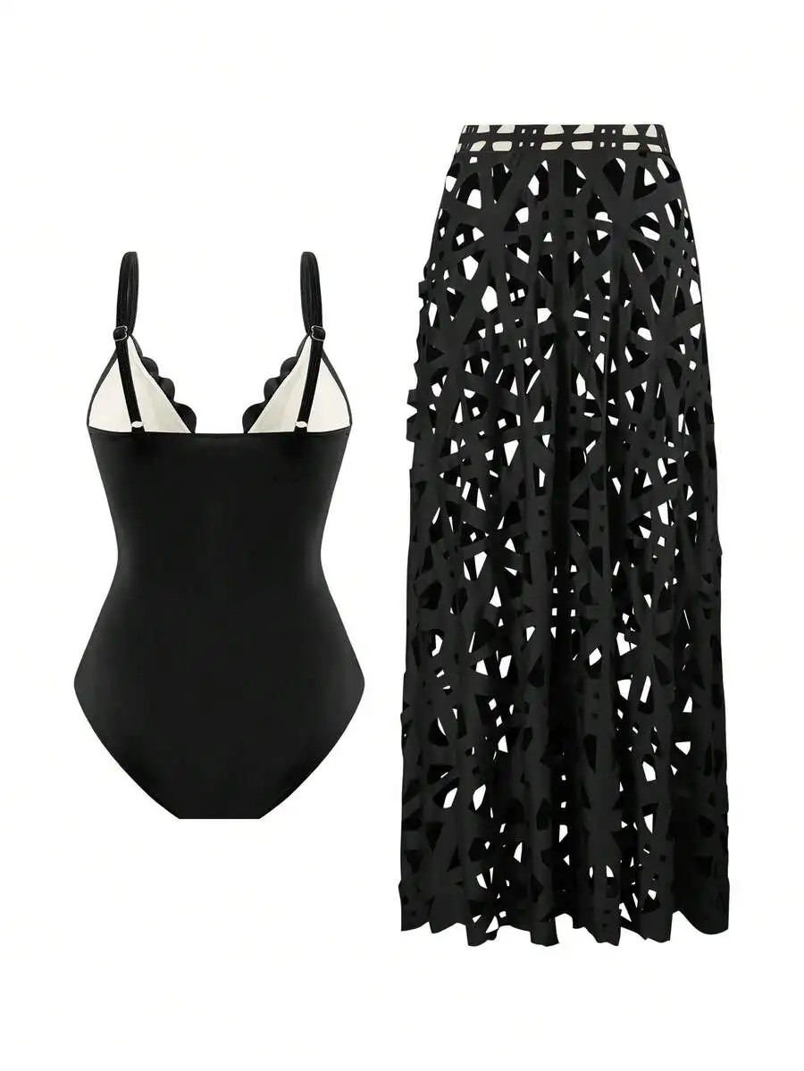 Black Laser Cut Out Halter One Piece Swimsuit With Skirt Set
Black Laser Cut Out Halter One Piece Swimsuit With Skirt Set