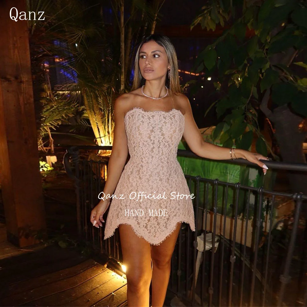 Qanz Mini Pink Prom Dresses Full lace Apliques Strapless Above Knee Vestidos De Gala Corset Back Cocktail Party Gown Customized 
Qanz Mini Pink Prom Dresses Full lace Apliques Strapless Above Knee Vestidos De Gala Corset Back Cocktail Party Gown Customized