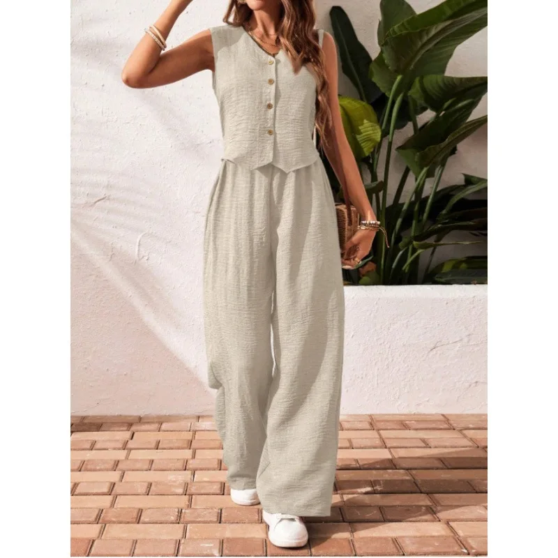 Two-piece Ladies Set 2026 Summer New Versatile Sleeveless V Neck Vest Tops Suits Fashion Casual Loose Tops Wide Leg Pants Sets
Two-piece Ladies Set 2026 Summer New Versatile Sleeveless V Neck Vest Tops Suits Fashion Casual Loose Tops Wide Leg Pants Sets