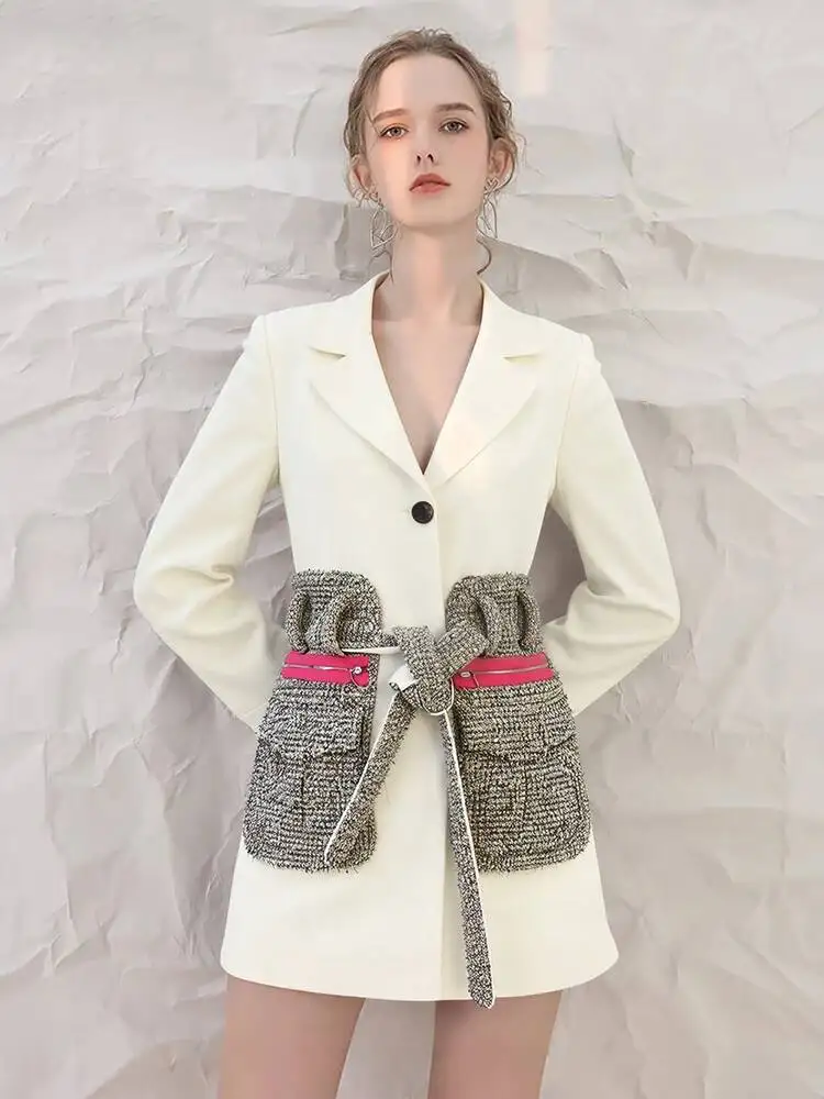 Fashion Tweed Big Pocket Patchwork Blazer Women's Lapel Loose Single Braested Belt Suit Jacket Spring Autumn New 7I0O0
Fashion Tweed Big Pocket Patchwork Blazer Women's Lapel Loose Single Braested Belt Suit Jacket Spring Autumn New 7I0O0