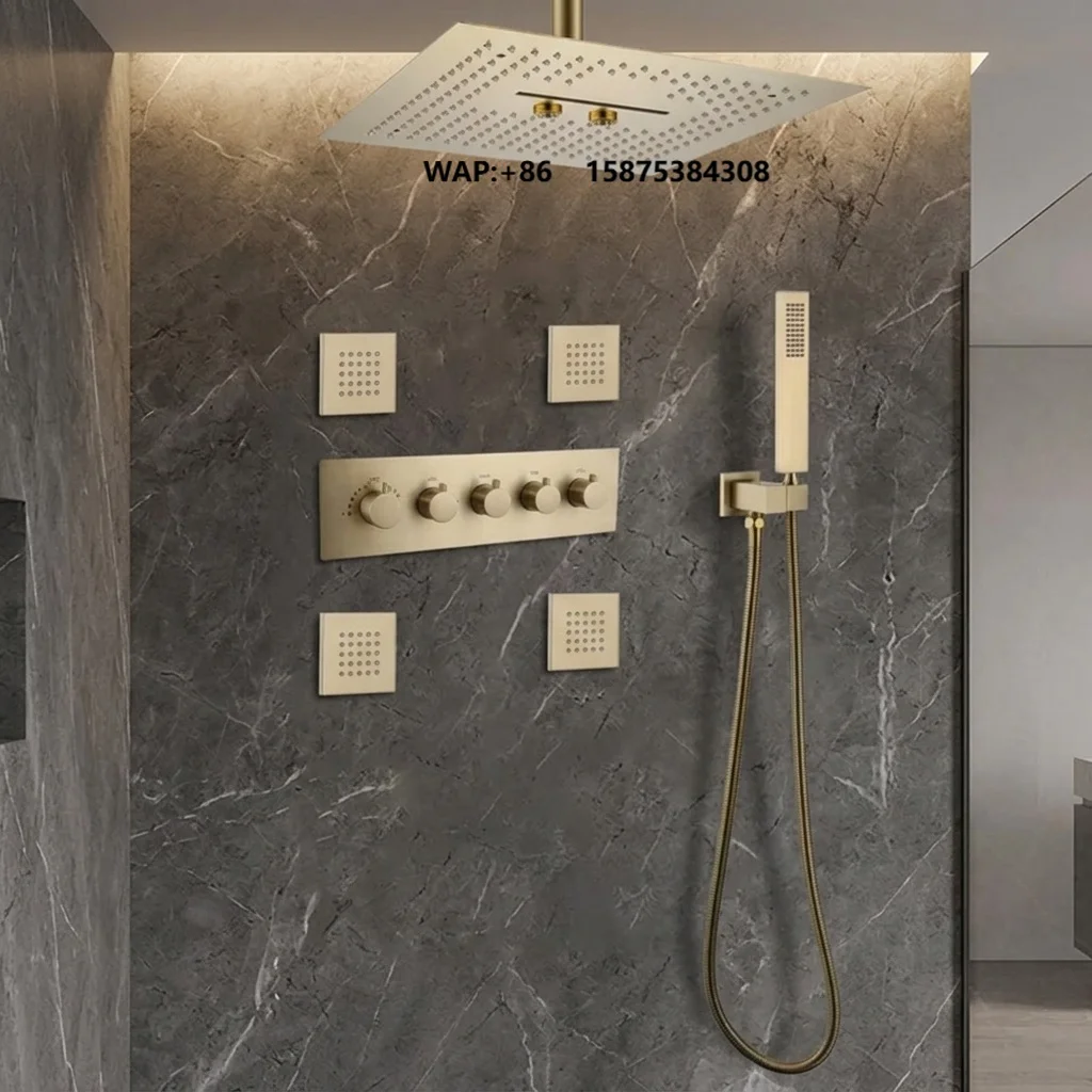 Brushed Gold Brass Single Concealed Waterfall Shower Set Ceiling Mounted Overhead LED Shower System Ceramic Pause Rain Body Jets
Brushed Gold Brass Single Concealed Waterfall Shower Set Ceiling Mounted Overhead LED Shower System Ceramic Pause Rain Body Jets