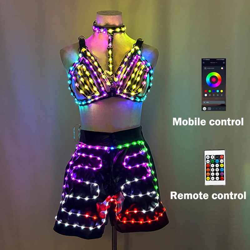  LED Light Up Bra and leather pants luminous nightclub dance Costume glow in the dark Sexy Lady stage performance Dance Suits
LED Light Up Bra and leather pants luminous nightclub dance Costume glow in the dark Sexy Lady stage performance Dance Suits