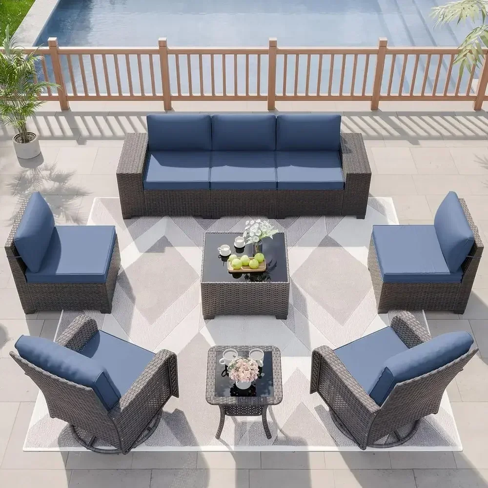 9-Piece Outdoor Patio Furniture Set with Swivel Rocking Chairs and Navy Blue Cushions
9-Piece Outdoor Patio Furniture Set with Swivel Rocking Chairs and Navy Blue Cushions