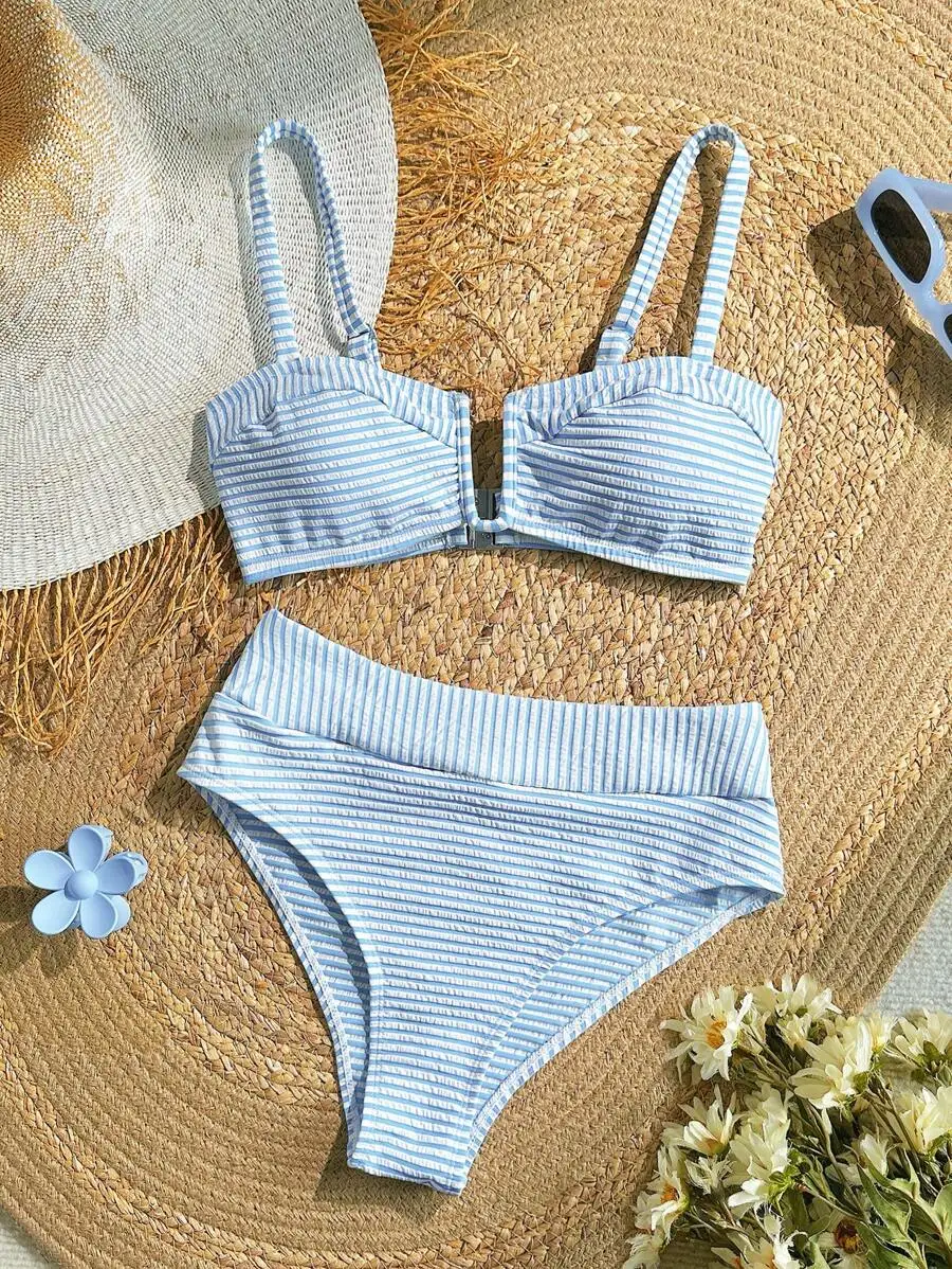 Women's Blue and White Striped High-Waisted Bikini Set with Ruched Top
Women's Blue and White Striped High-Waisted Bikini Set with Ruched Top