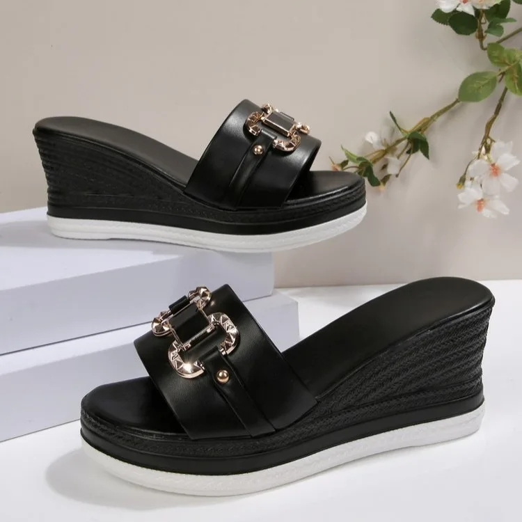 Large Size Metal Buckle Wedge Heel Sandals Women's New Summer Pure Color High Heel Roman Style Slip-On Shoes round Toe Rubber
Large Size Metal Buckle Wedge Heel Sandals Women's New Summer Pure Color High Heel Roman Style Slip-On Shoes round Toe Rubber
