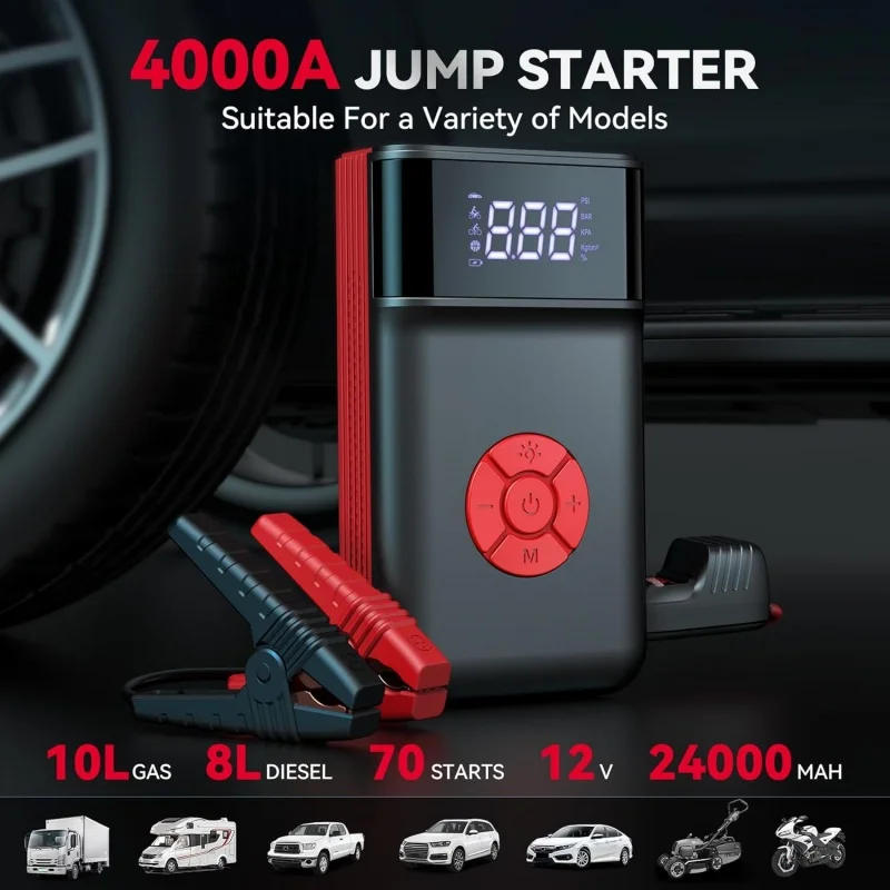 Car Jump Starter 4000A 24000mAh Power Bank Portable 150PSI Air Pump Car Battery Emergency Boosters Starting Device Car Starter
Car Jump Starter 4000A 24000mAh Power Bank Portable 150PSI Air Pump Car Battery Emergency Boosters Starting Device Car Starter