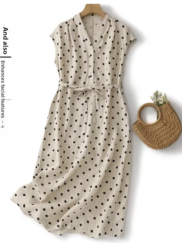 Summer New Polka Dot Cotton Lin Women's Dress Fashionable High Waist A-Line Skirt Commute Style Short Sleeve V-Neck Long Dress
Summer New Polka Dot Cotton Lin Women's Dress Fashionable High Waist A-Line Skirt Commute Style Short Sleeve V-Neck Long Dress