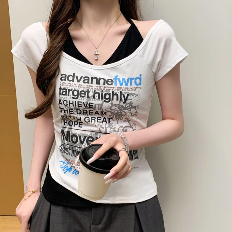 T-shirt American Retro Letter Print Halter Short Sleeve Patchwork Slim T-shirt For Women
T-shirt American Retro Letter Print Halter Short Sleeve Patchwork Slim T-shirt For Women