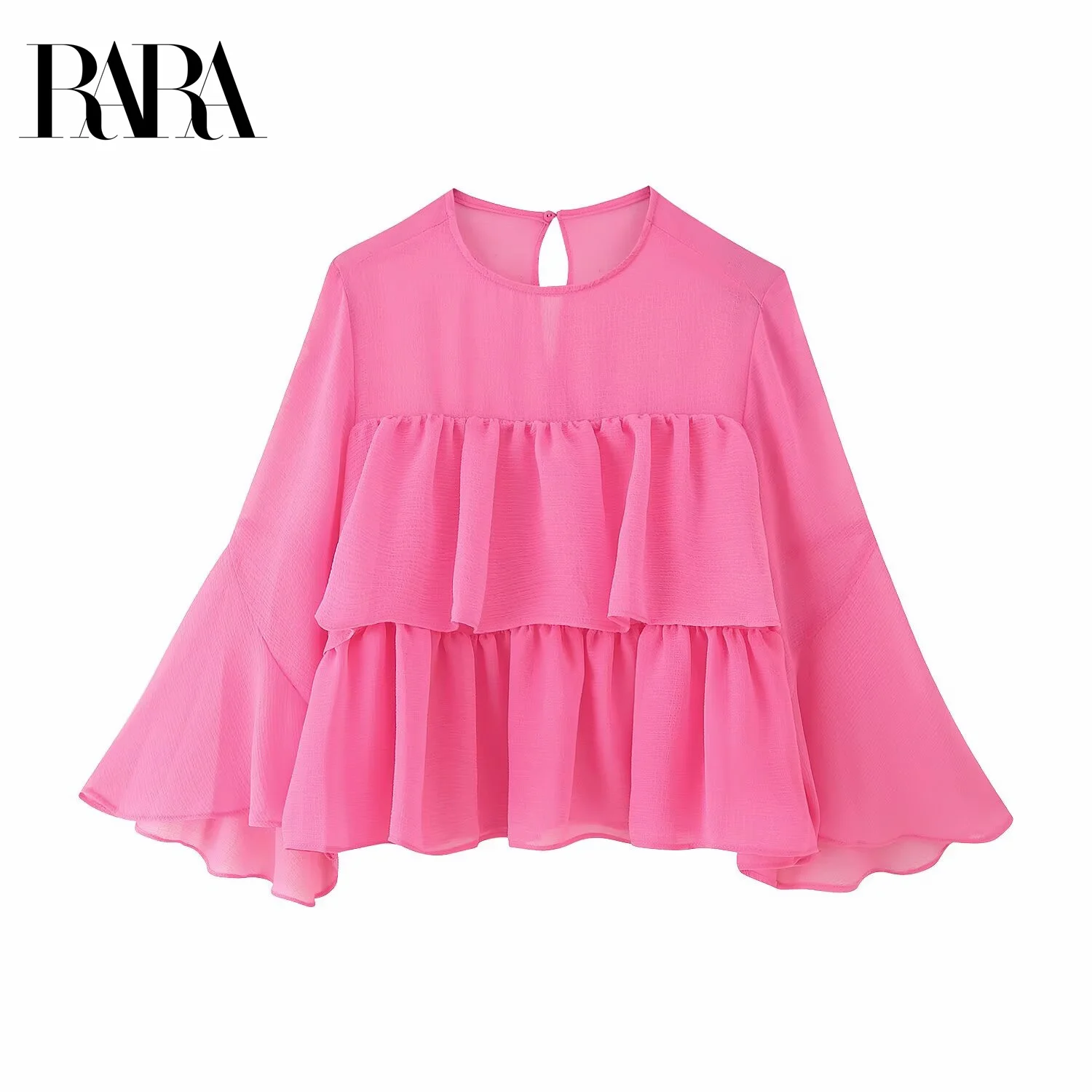 RARA Women's Sheer Chiffon Round Neck Short - length Flared - sleeve Blouse with Layered Ruffles Stylish and Feminine
RARA Women's Sheer Chiffon Round Neck Short - length Flared - sleeve Blouse with Layered Ruffles Stylish and Feminine