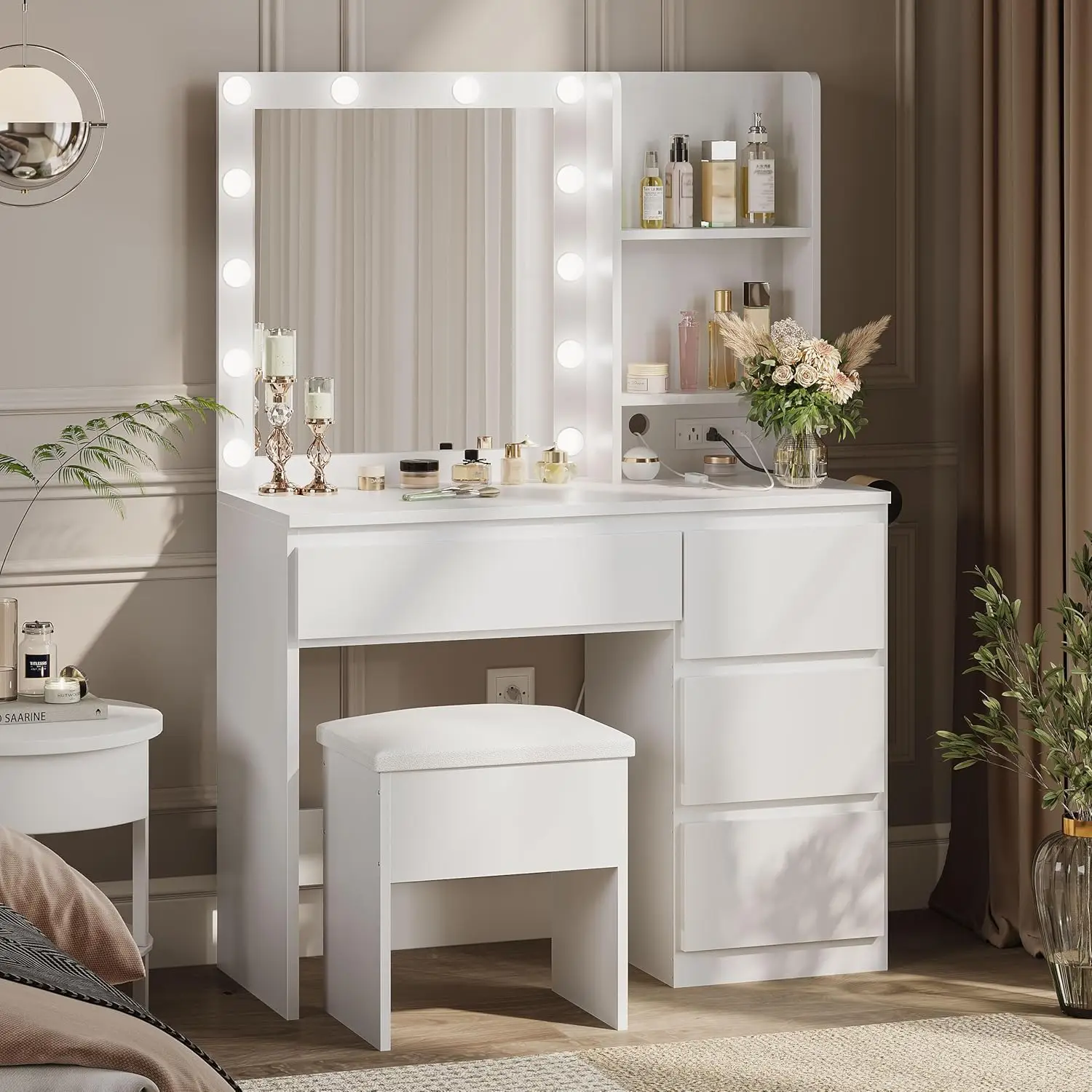 Vanity Desk with Mirror, 12 LED Lights, USB/Power Outlets, 4 Drawers, Hairdryer Holder, Padded Stool, White
Vanity Desk with Mirror, 12 LED Lights, USB/Power Outlets, 4 Drawers, Hairdryer Holder, Padded Stool, White