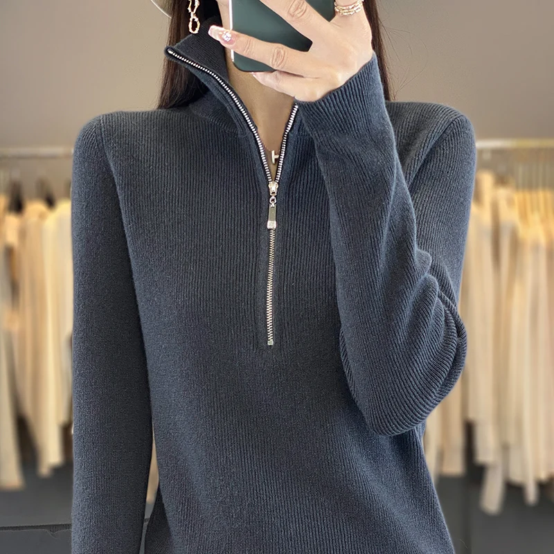 Autumn Winter Women Half Zipper Stand-up Collar Pullovers 100% Merino Wool Sweater Solid Warm Wool Knitwear Korean Fashion Tops
Autumn Winter Women Half Zipper Stand-up Collar Pullovers 100% Merino Wool Sweater Solid Warm Wool Knitwear Korean Fashion Tops