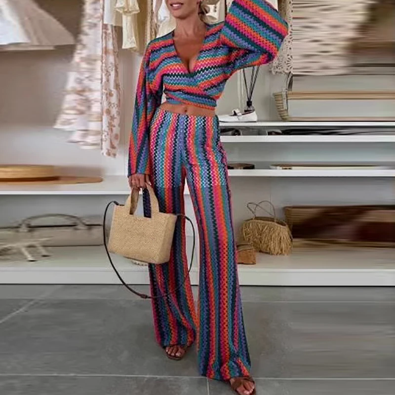 Colorful Striped Printed Long Sleeved Beach Suit Knitted Hollow Lace Up Casual Outfit Sexy V Neck Crop Top+Pants Summer 2pc Set
Colorful Striped Printed Long Sleeved Beach Suit Knitted Hollow Lace Up Casual Outfit Sexy V Neck Crop Top+Pants Summer 2pc Set