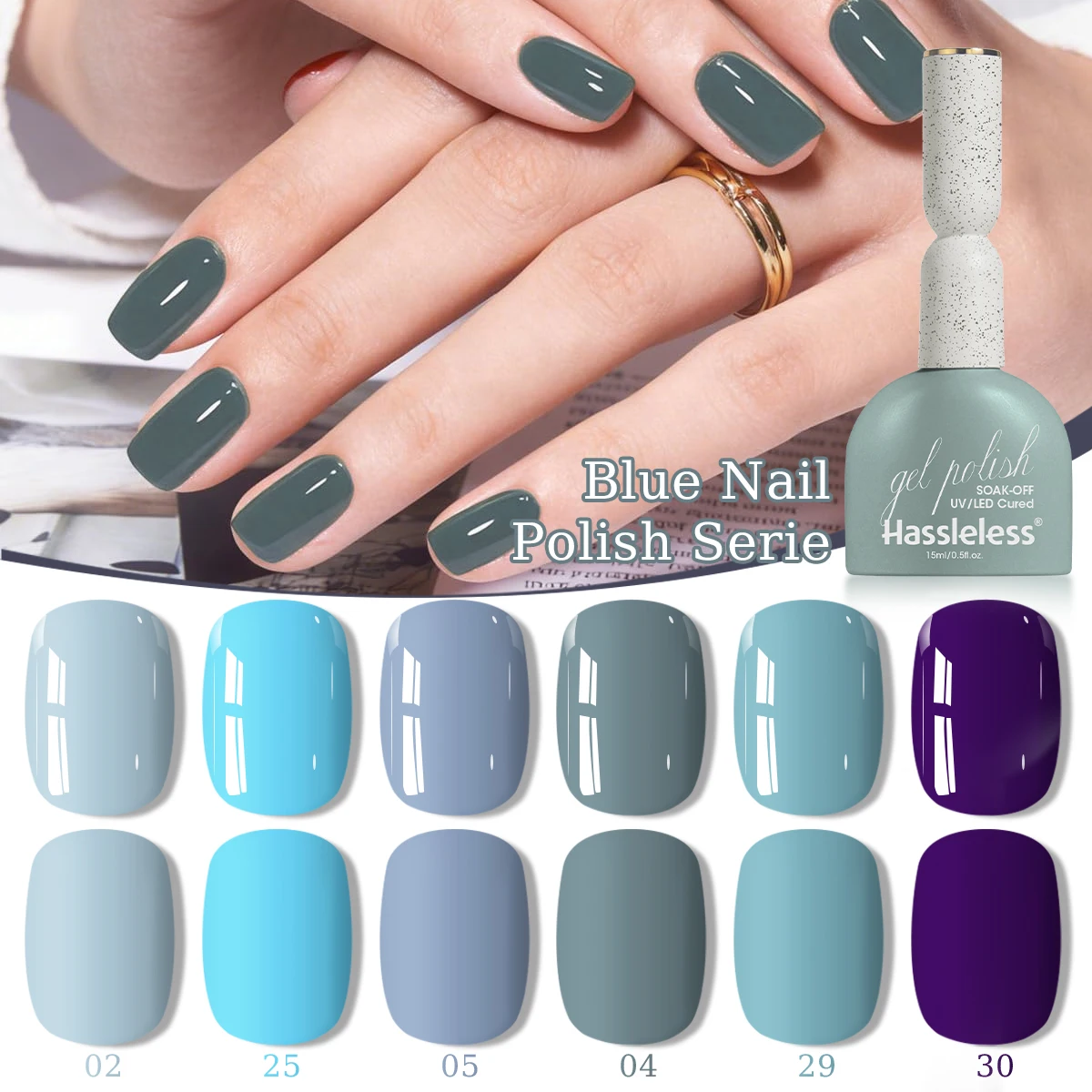 Hassleless Blue-Purple Gel Nail Polish Set, 6-pack, trendy new nail polish, semi-permanent solid color nail polish set, removeab
Hassleless Blue-Purple Gel Nail Polish Set, 6-pack, trendy new nail polish, semi-permanent solid color nail polish set, removeab