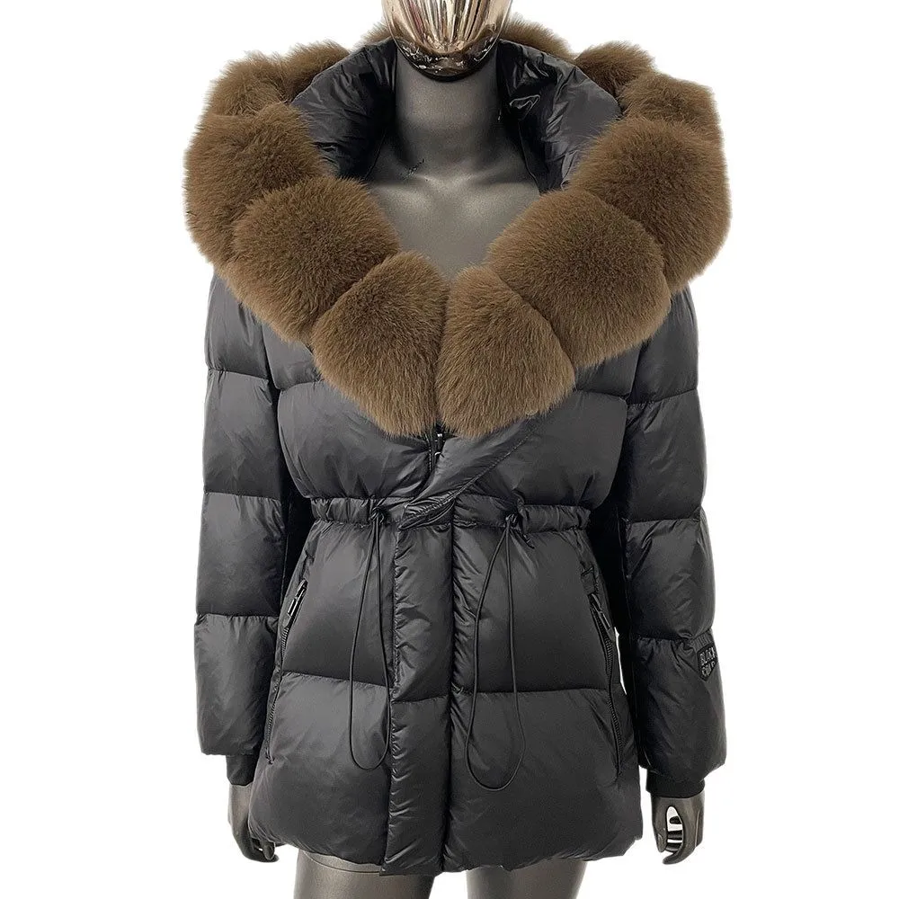 Women's winter new foreign trade fashion warm oversized real fox fur collar hooded black and gold goose down jacket
Women's winter new foreign trade fashion warm oversized real fox fur collar hooded black and gold goose down jacket