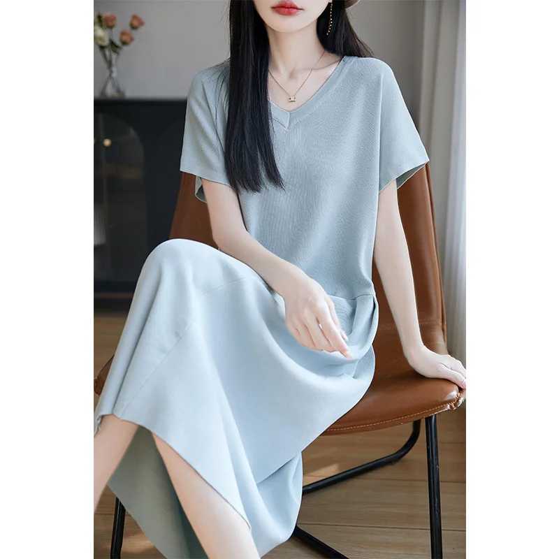 Knitted Dresses Summer Women Solid Color Knit Short Sleeve Long Dress Leisure Loose Holiday Dresses Comfortable V-neck Dress
Knitted Dresses Summer Women Solid Color Knit Short Sleeve Long Dress Leisure Loose Holiday Dresses Comfortable V-neck Dress
