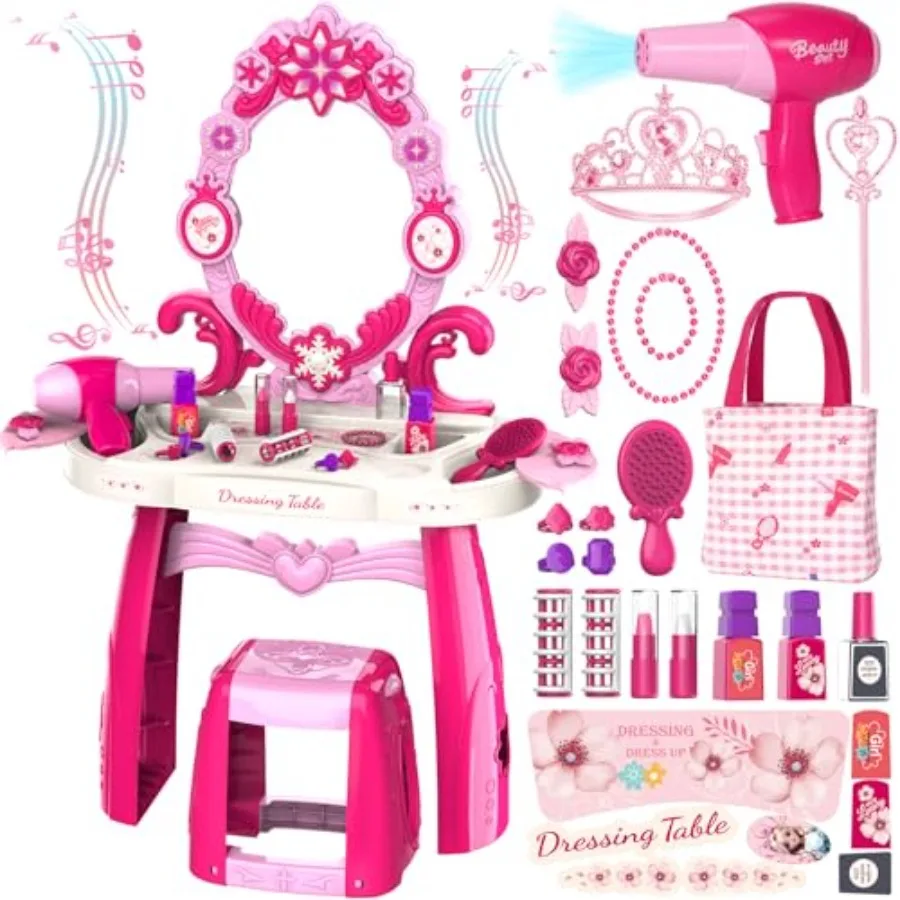 Toddler Vanity Vanity Table and Chair Set Girls Makeup Table with Mirror Lights and Music Pretend Play Dress Up Toys with Hair
Toddler Vanity Vanity Table and Chair Set Girls Makeup Table with Mirror Lights and Music Pretend Play Dress Up Toys with Hair