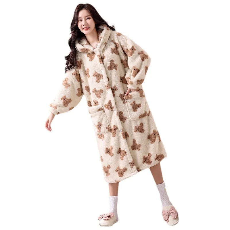 Женские пижамы с длинными рукавами и рисунком медведя, ночная рубашка с капюшоном, фланелевая мягкая ночная рубашка, плюшевая коралловая флисовая зимняя теплая пижама 
Женские пижамы с длинными рукавами и рисунком медведя, ночная рубашка с капюшоном, фланелевая мягкая ночная рубашка, плюшевая коралловая флисовая зимняя теплая пижама