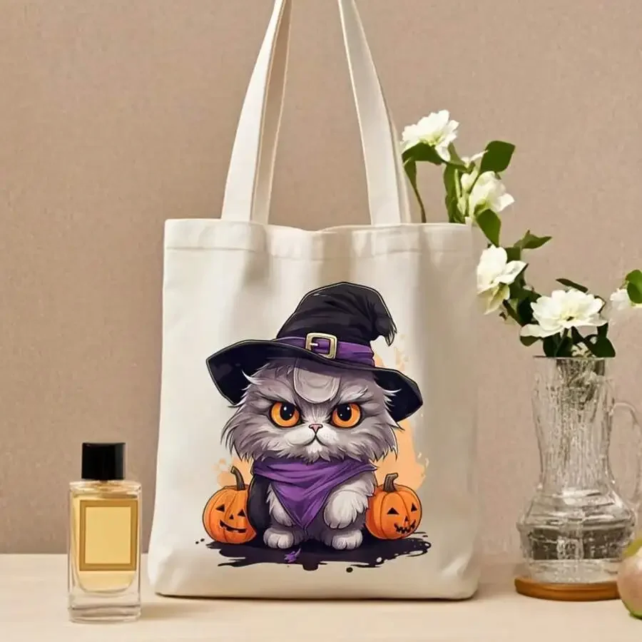 Halloween Cat Witch Tote Bag - Grey Kitty With Purple Hat And Pumpkins, Canvas Shoulder Bag For Party Casual Use
Halloween Cat Witch Tote Bag - Grey Kitty With Purple Hat And Pumpkins, Canvas Shoulder Bag For Party Casual Use