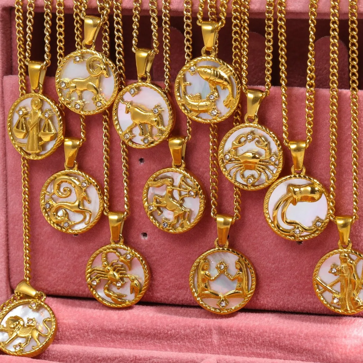 Luxury Zodiac Sign Necklace, 18K Gold-Plated Stainless Steel with Mother of Pearl & Sparkling Crystals
Luxury Zodiac Sign Necklace, 18K Gold-Plated Stainless Steel with Mother of Pearl & Sparkling Crystals
