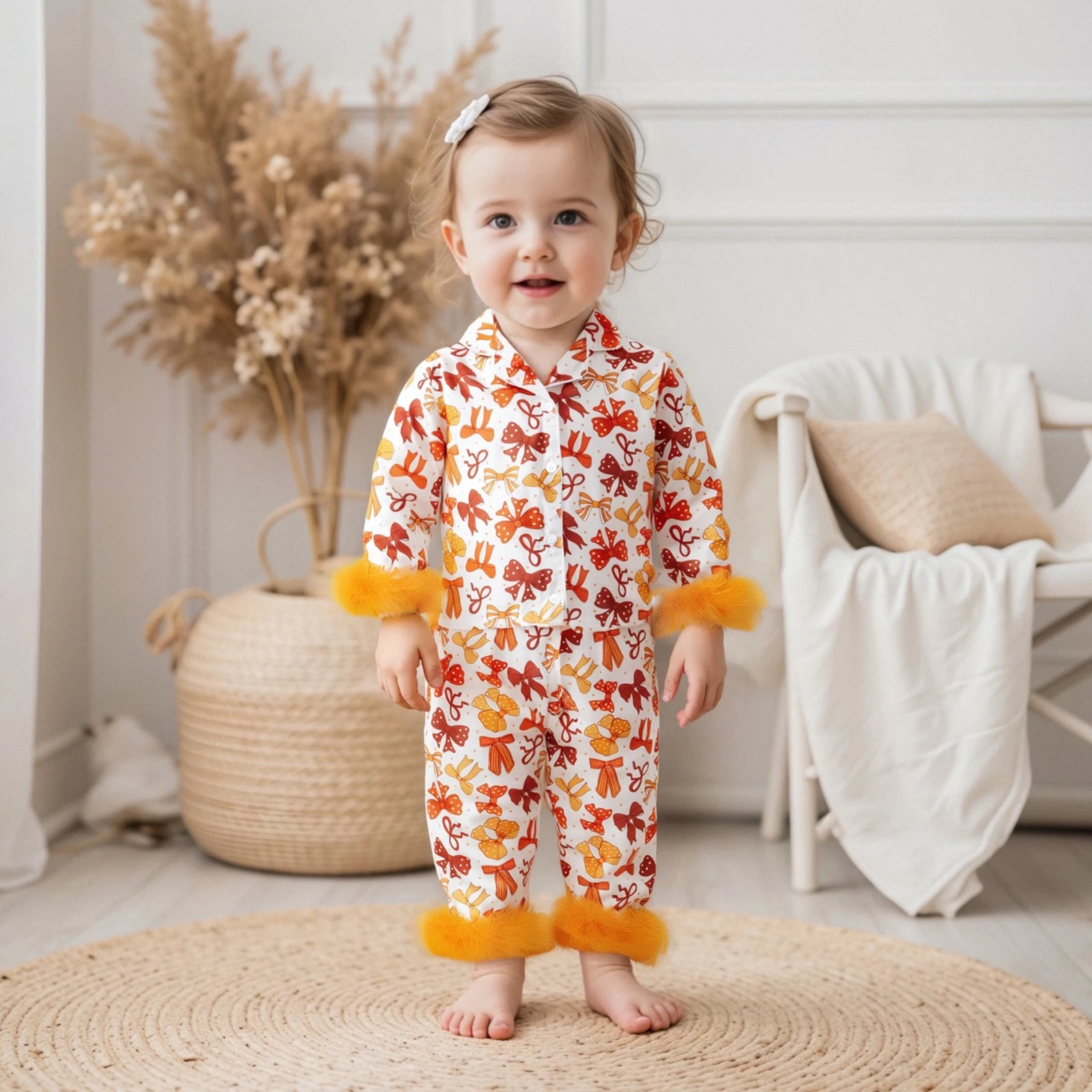 Baby Girls 2 Pieces Halloween Pajamas Set Feather Cuffs Pumpkin/Bow Print Button up Long Sleeves Shirt and Pants for Loungewear
Baby Girls 2 Pieces Halloween Pajamas Set Feather Cuffs Pumpkin/Bow Print Button up Long Sleeves Shirt and Pants for Loungewear