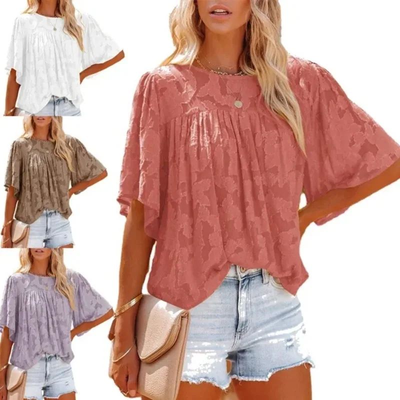 Summer Ladies Solid Color Printed Blouse Hollow Tops Fashion Trend Casual Baggy Puffed Round Neck Bat Sleeve T-shirt Clothing
Summer Ladies Solid Color Printed Blouse Hollow Tops Fashion Trend Casual Baggy Puffed Round Neck Bat Sleeve T-shirt Clothing
