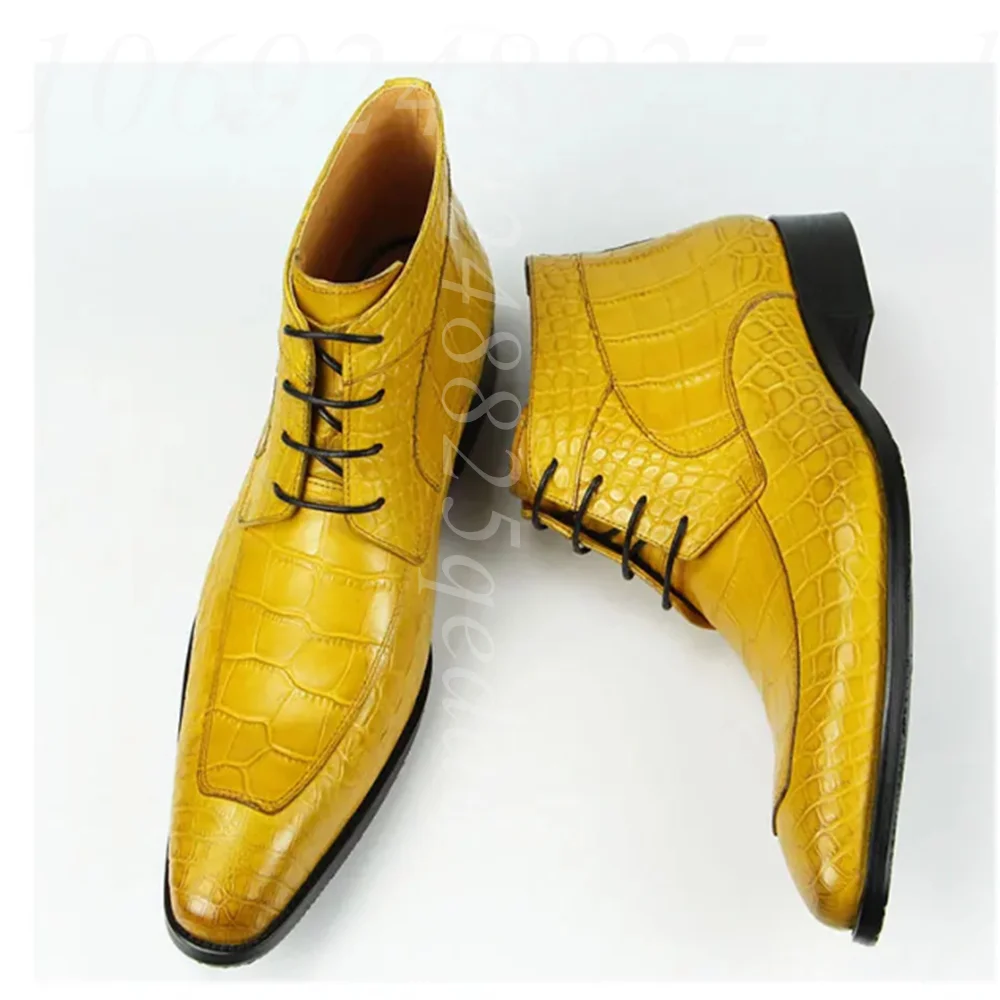 Men's Crocodile Embossed Leather Ankle Boots Lace-Up Formal Dress Shoes Yellow Black Handcrafted Footwear Flat Shoes for Men
Men's Crocodile Embossed Leather Ankle Boots Lace-Up Formal Dress Shoes Yellow Black Handcrafted Footwear Flat Shoes for Men