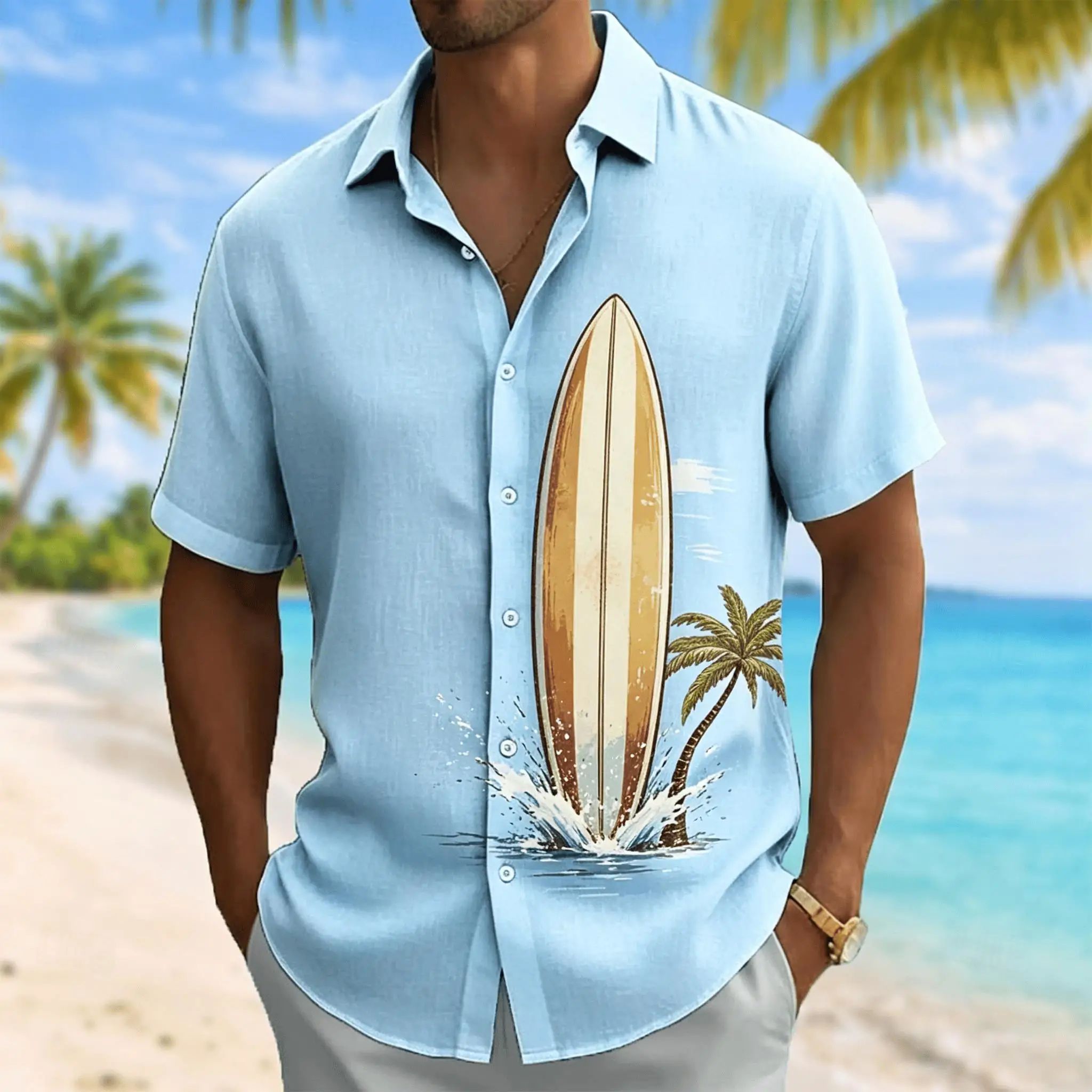Men's Surfboard Print Hawaiian Shirt, Palm Tree Beach Design, Casual Summer Vacation
Men's Surfboard Print Hawaiian Shirt, Palm Tree Beach Design, Casual Summer Vacation