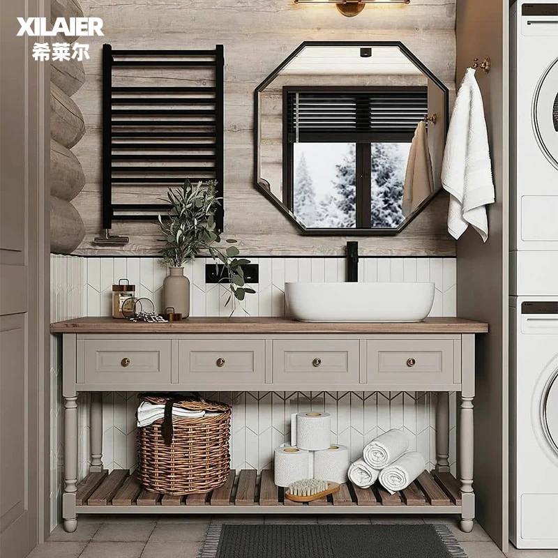 American style retro bathroom cabinet with solid wood combination, floor to floor washbasin
American style retro bathroom cabinet with solid wood combination, floor to floor washbasin