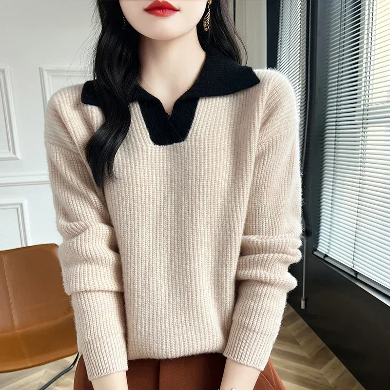 Autumn Winter New Women's Sweater Flip Collar Color Block 100% Cashmere Sweater Women's Long Sleeve Top Loose Casual Sweatshirt
Autumn Winter New Women's Sweater Flip Collar Color Block 100% Cashmere Sweater Women's Long Sleeve Top Loose Casual Sweatshirt