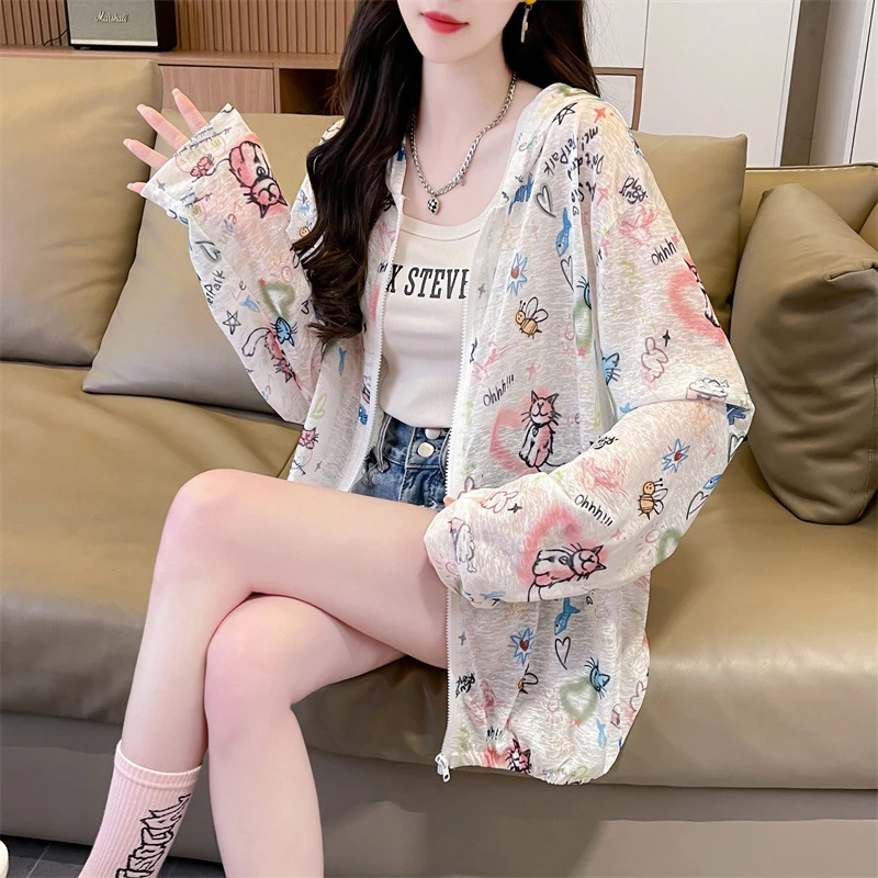 Cool And Sunscreen Clothing Summer Loose And Breathable Thin Cardigan Hooded Coat Cartoon Cat Print Zipper Casual Coat Women's
Cool And Sunscreen Clothing Summer Loose And Breathable Thin Cardigan Hooded Coat Cartoon Cat Print Zipper Casual Coat Women's