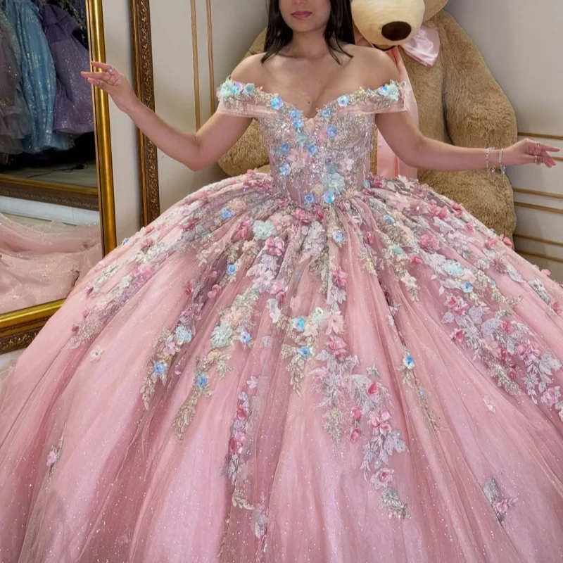 Shiny Pink Quinceanera Dress off-shoulder Crystal 3D Flower Decal Lace Long tail vestidos de 15 Quinceanera Customize
Shiny Pink Quinceanera Dress off-shoulder Crystal 3D Flower Decal Lace Long tail vestidos de 15 Quinceanera Customize