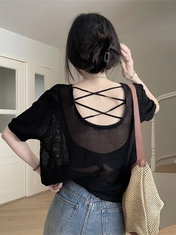 Pure Desire Black Cross Back Shoulder Baring Short Sleeve T-Shirt Women Summer Semi-Transparent Sun Protection Sexy Personali...
Pure Desire Black Cross Back Shoulder Baring Short Sleeve T-Shirt Women Summer Semi-Transparent Sun Protection Sexy Personali...