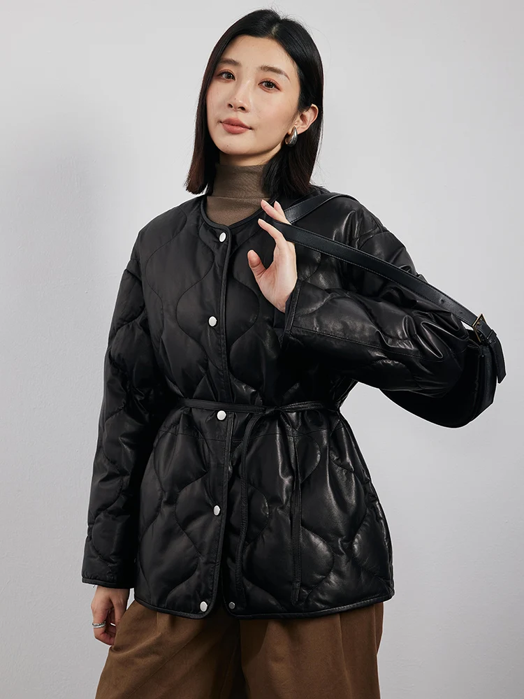 Black Genuine Leather Goose Down Jackets for Women 2026 New High-end Simple O-neck Real Sheepskin Winter Down Coat with Belt
Black Genuine Leather Goose Down Jackets for Women 2026 New High-end Simple O-neck Real Sheepskin Winter Down Coat with Belt