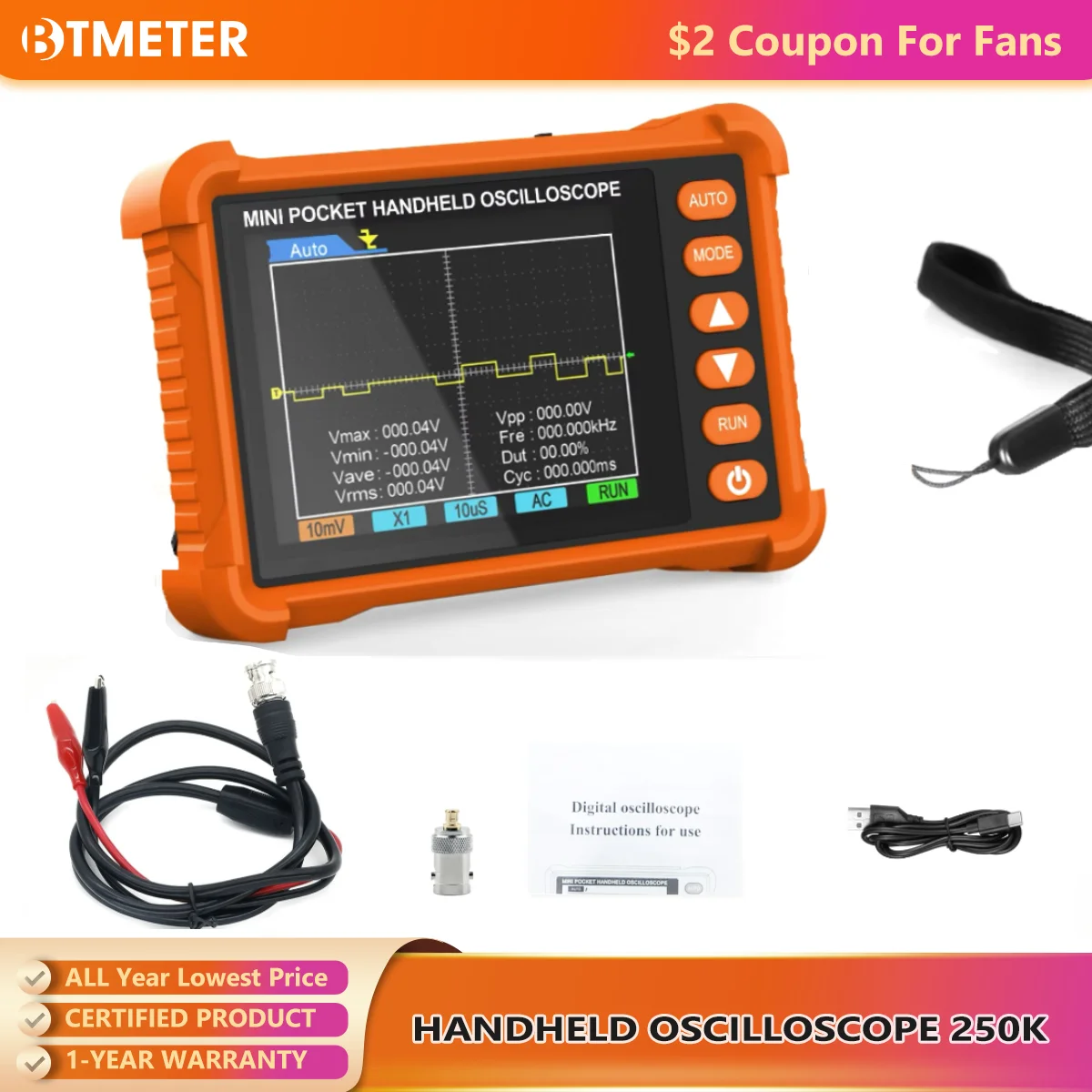 BTMETER BT-250K Handheld Oscilloscope 250kHz ±40V 2.8'' LCD 3H Rechargeable Industrial Auto/Manual Trigger
BTMETER BT-250K Handheld Oscilloscope 250kHz ±40V 2.8'' LCD 3H Rechargeable Industrial Auto/Manual Trigger