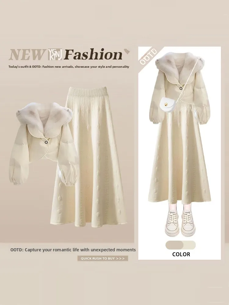 Korean Style Winter Warm Big Collar Cotton Jacket Knitted Skirt Three Piece Set Fashionable Autumn Winter Women's Ensemble
Korean Style Winter Warm Big Collar Cotton Jacket Knitted Skirt Three Piece Set Fashionable Autumn Winter Women's Ensemble