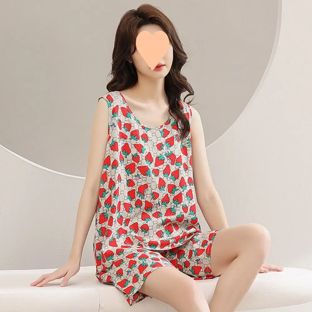 Soft Cute Woman's Pajamas Set Floral Printed Lattice Sleeveless Pajamas Round Neck Homewear Floral Sleepwear Spring Summer
Soft Cute Woman's Pajamas Set Floral Printed Lattice Sleeveless Pajamas Round Neck Homewear Floral Sleepwear Spring Summer