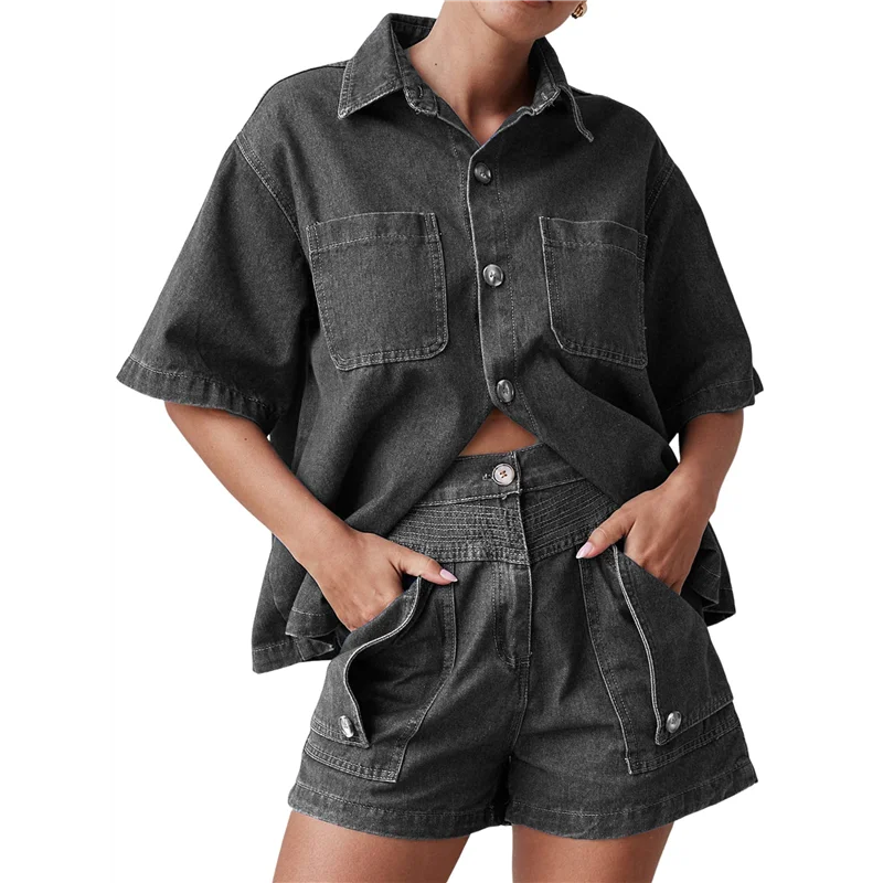 FX-Womens 2 Piece Outfits Short Sleeve Button Down Crop Blue Jean Shirts High Waist Denim Shorts Sets
FX-Womens 2 Piece Outfits Short Sleeve Button Down Crop Blue Jean Shirts High Waist Denim Shorts Sets
