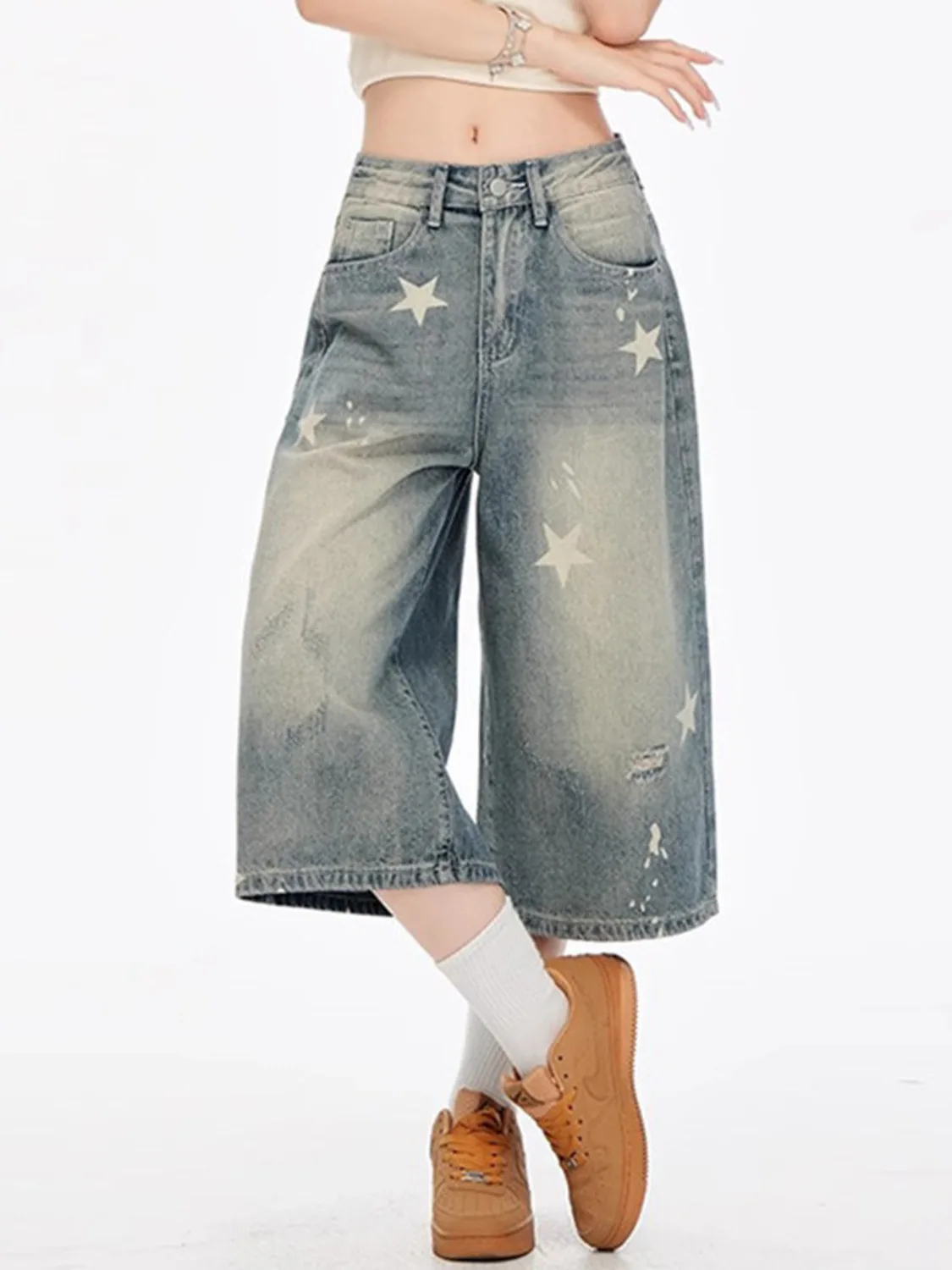 Women's Vintage Washed High Waist Wide Leg Cropped Jeans Star Print Distressed Denim Capri Pants
Women's Vintage Washed High Waist Wide Leg Cropped Jeans Star Print Distressed Denim Capri Pants