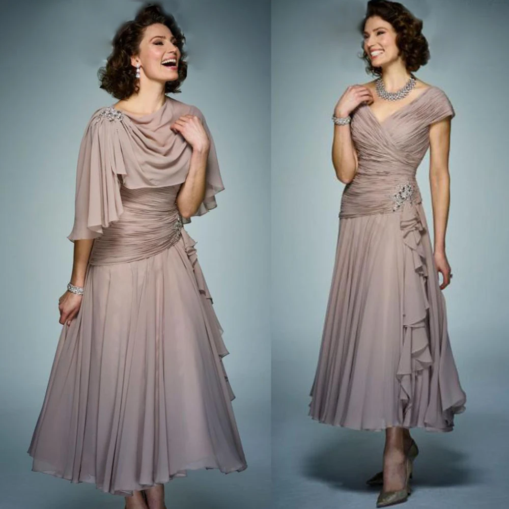 Elegant Mother Of The Bride Dresses V Neck Chiffon Formal Evening Gowns Tea Length A-Line Pleated Wedding Guest With Shawl
Elegant Mother Of The Bride Dresses V Neck Chiffon Formal Evening Gowns Tea Length A-Line Pleated Wedding Guest With Shawl