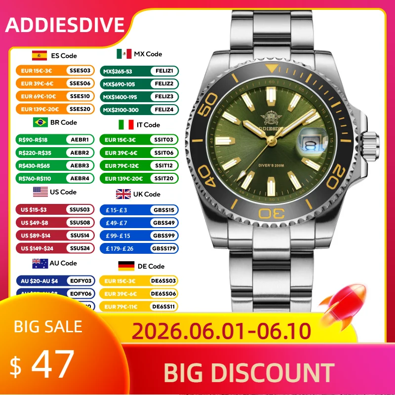 ADDIESDIVE 2025 New Quartz Watch For Men 200M Waterproof Super Luminous Luxury Stainless Steel Watches Green/Black Reloj Hombre
ADDIESDIVE 2025 New Quartz Watch For Men 200M Waterproof Super Luminous Luxury Stainless Steel Watches Green/Black Reloj Hombre