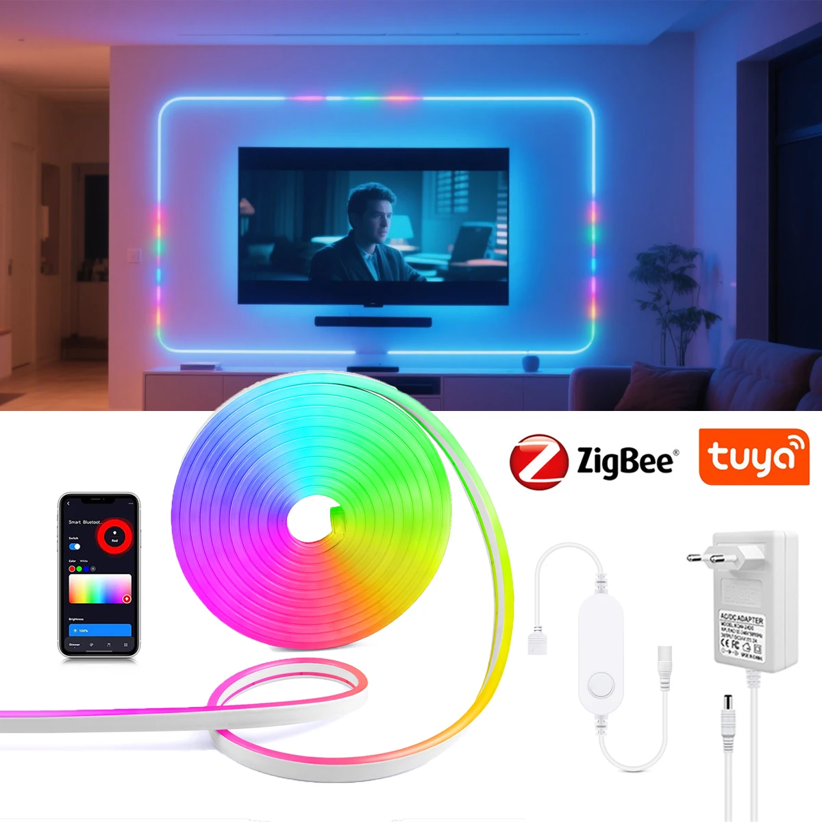 Smart Zigbee 3.0 RGB Неоновая светодиодная лента 12 В с регулируемой яркостью Настенная подсветка комнаты Декор работает с Tuya Alexa Google APP Голосовое управление
Smart Zigbee 3.0 RGB Неоновая светодиодная лента 12 В с регулируемой яркостью Настенная подсветка комнаты Декор работает с Tuya Alexa Google APP Голосовое управление