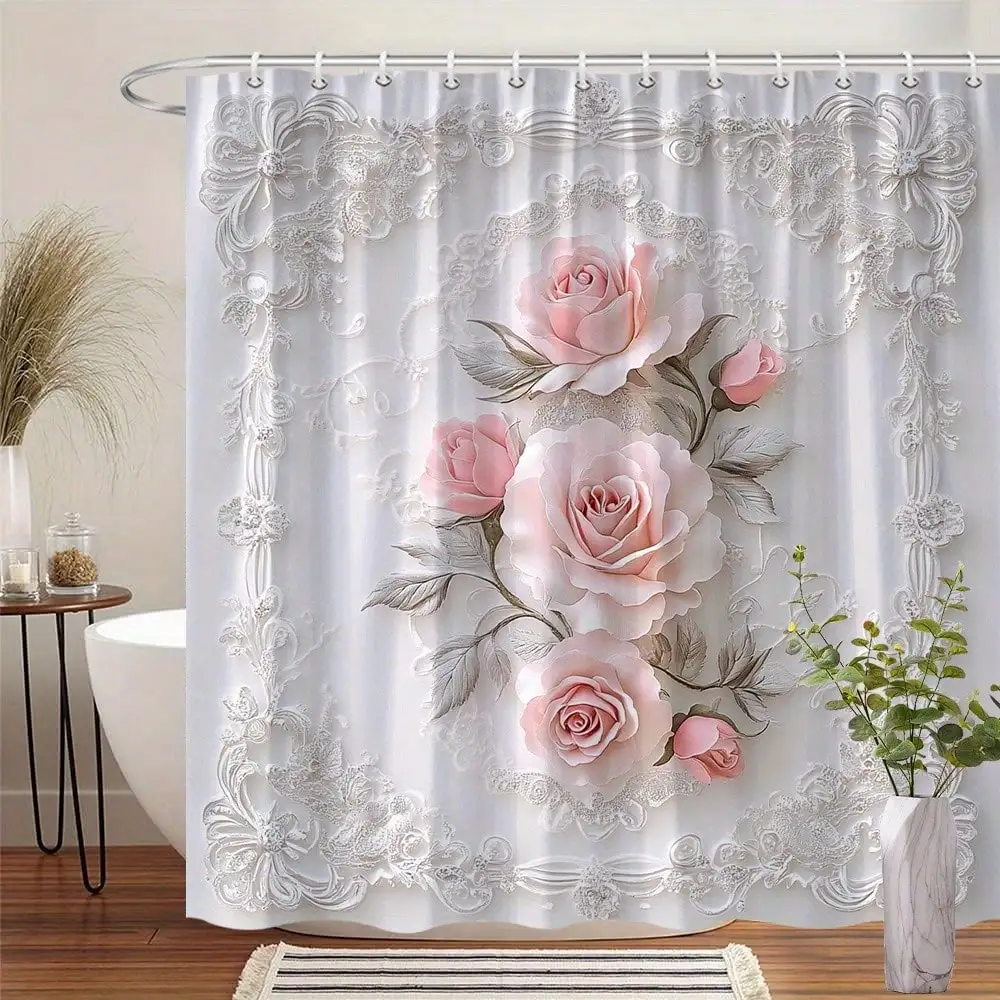 1pc Elegant Pink Roses Shower Curtain With Silvery Leaves & Lace Pattern - Romantic Vintage Floral Design In Pastel Hues, 70.86x70.86in, 12 Hooks Included, Perfect For Home Decor Or Housewarming Gift, Shower Curtains For Bathroom Bathroom Decor
1pc Elegant Pink Roses Shower Curtain With Silvery Leaves & Lace Pattern - Romantic Vintage Floral Design In Pastel Hues, 70.86x70.86in, 12 Hooks Included, Perfect For Home Decor Or Housewarming Gift, Shower Curtains For Bathroom Bathroom Decor
