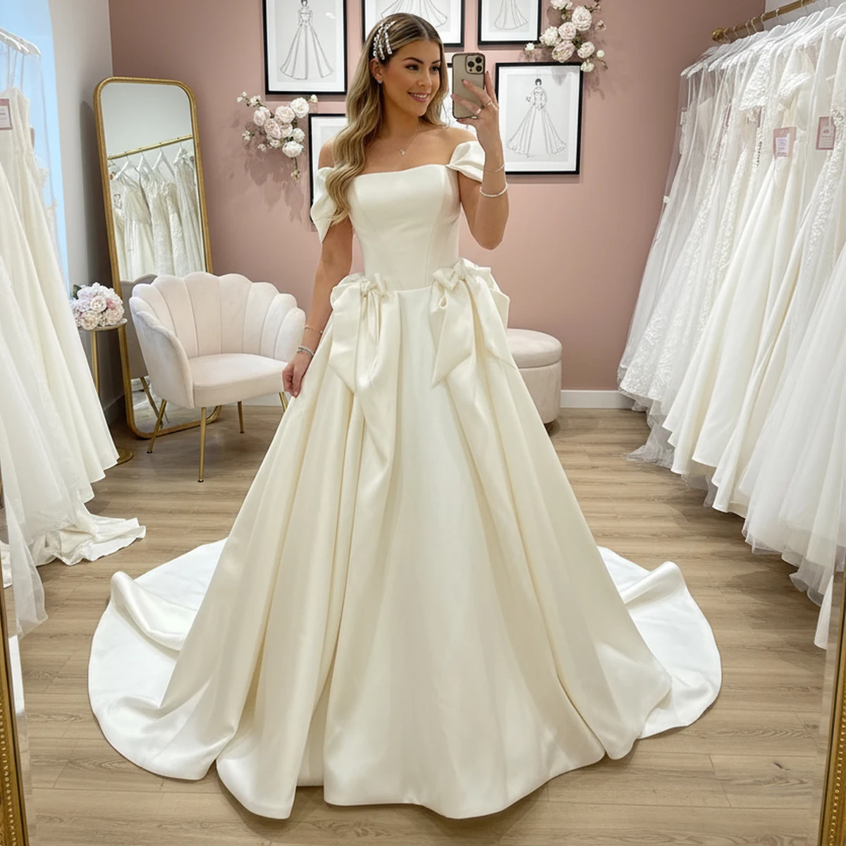 Customized A Line Ball Gown Satin Wedding Dress 2026 Off Shoulder Bow Pleated Puffy Full Length Bridal Gown for Church Wedding
Customized A Line Ball Gown Satin Wedding Dress 2026 Off Shoulder Bow Pleated Puffy Full Length Bridal Gown for Church Wedding