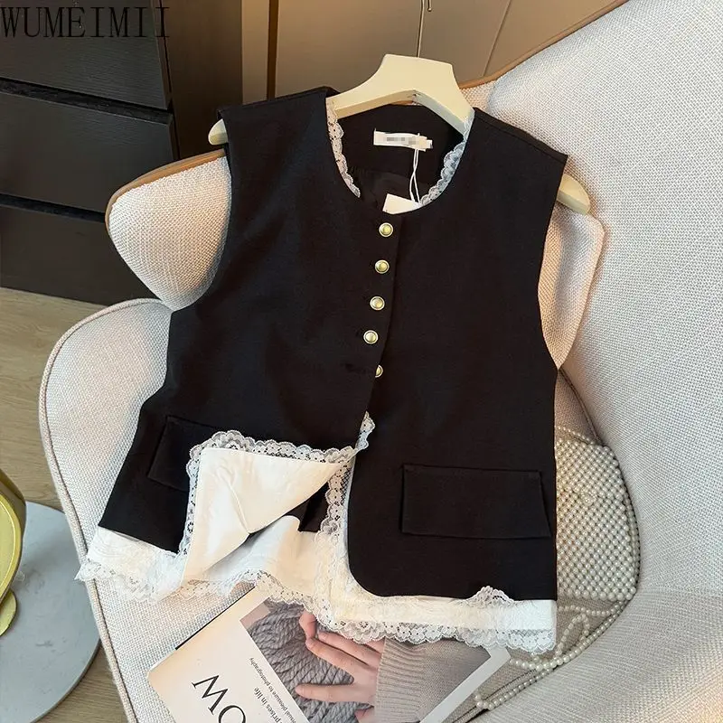 Корейский кружевной край, искусственный жилет без рукавов из двух частей, женский весенний 2022, высококачественный универсальный жилет, топ 
Корейский кружевной край, искусственный жилет без рукавов из двух частей, женский весенний 2022, высококачественный универсальный жилет, топ