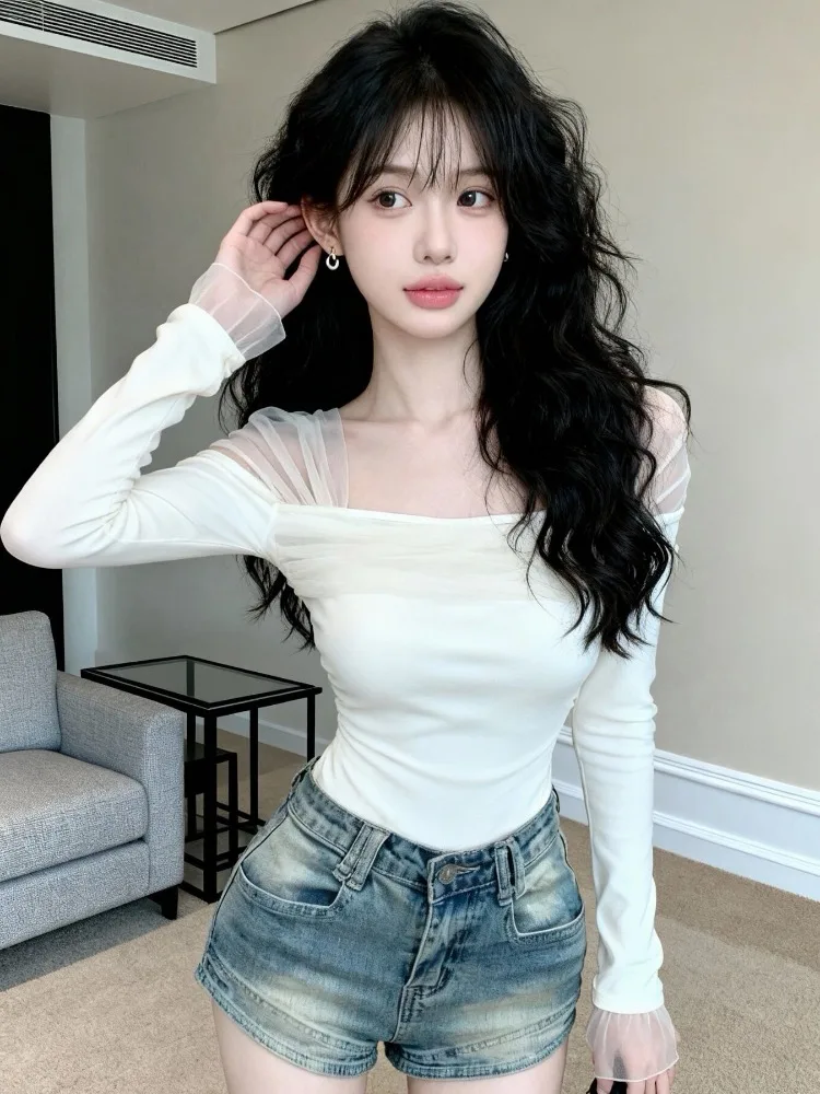 Korean Style Long Sleeve T-Shirt Women's Early Spring New Pure Desire Base Top Square Collar Mesh Splice Slim Fit Base Layer
Korean Style Long Sleeve T-Shirt Women's Early Spring New Pure Desire Base Top Square Collar Mesh Splice Slim Fit Base Layer