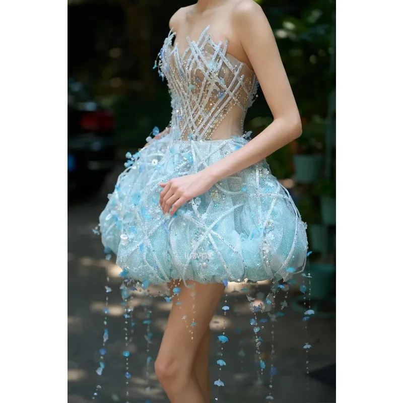 Blue Strapless Corset Mini Prom Dress 3D Flower Beaded Tassel Bubble Skirt Women Luxury Short Evening Gown For Birthday Cocktail
Blue Strapless Corset Mini Prom Dress 3D Flower Beaded Tassel Bubble Skirt Women Luxury Short Evening Gown For Birthday Cocktail