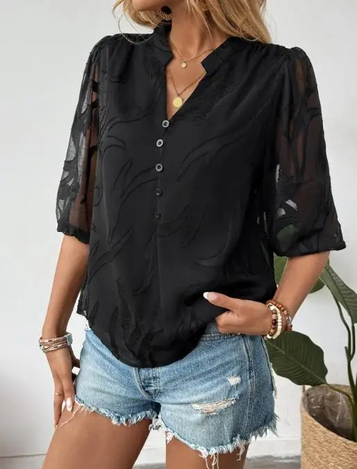 Sexy and Elegant Lace Patchwork Stand Up Collar Bubble Sleeves Solid Color Summer Women's Elegant See Through Chiffon Shirt Top
Sexy and Elegant Lace Patchwork Stand Up Collar Bubble Sleeves Solid Color Summer Women's Elegant See Through Chiffon Shirt Top